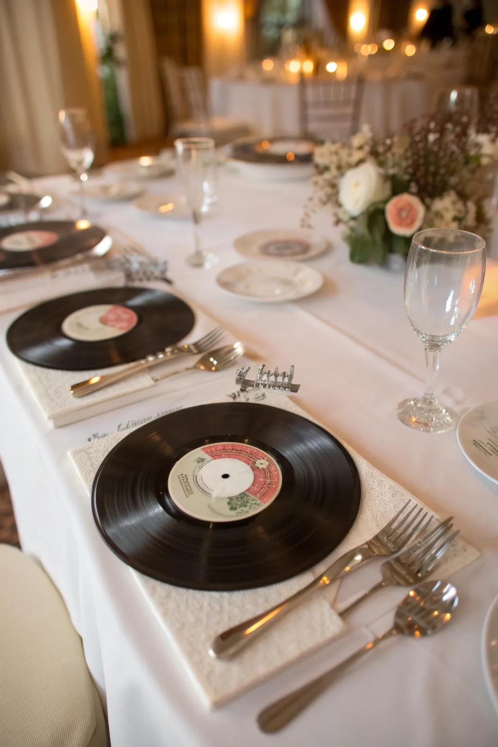 Personalized records serve as unique and memorable place settings.