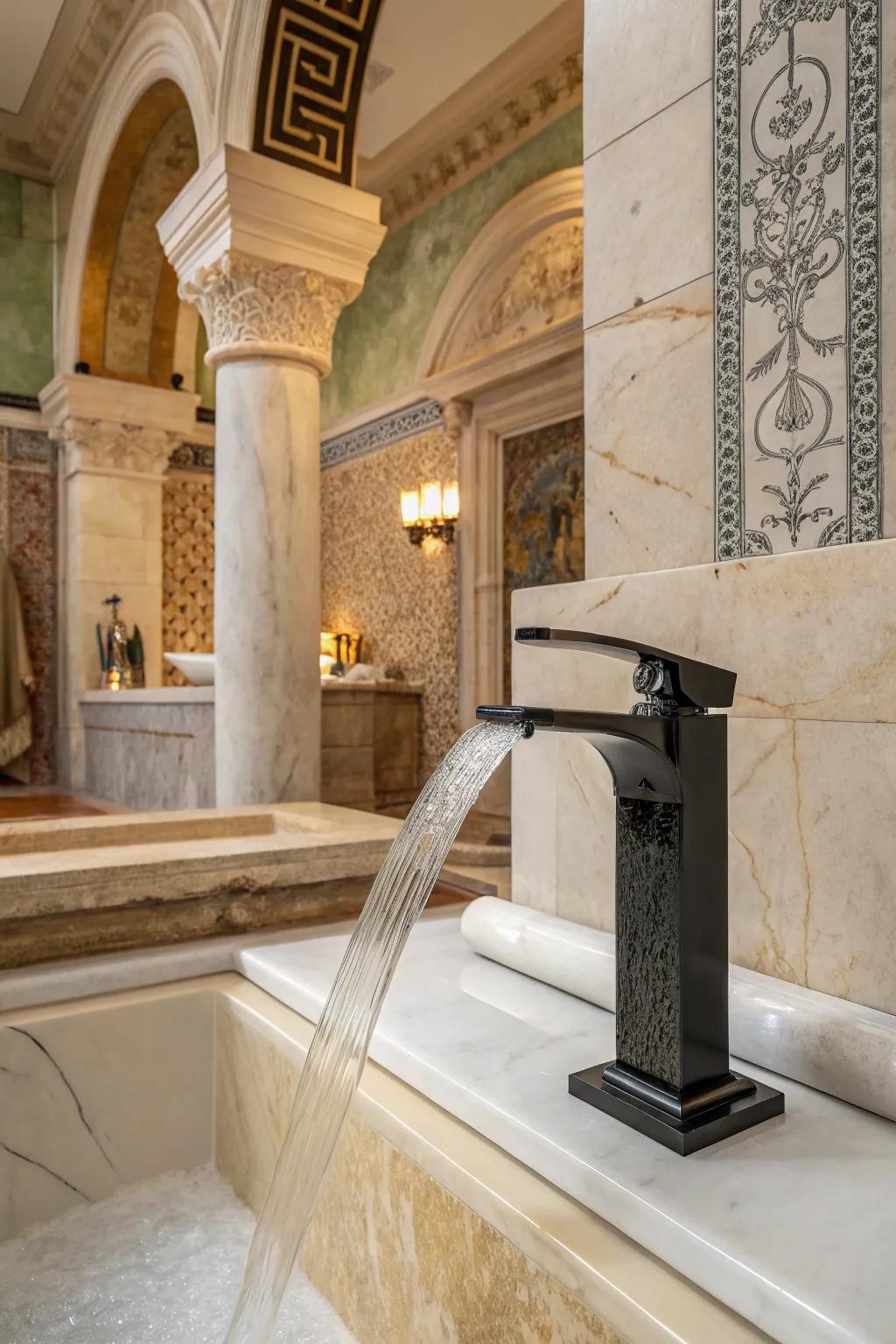 The waterfall faucet provides a modern look to this Roman-inspired space.