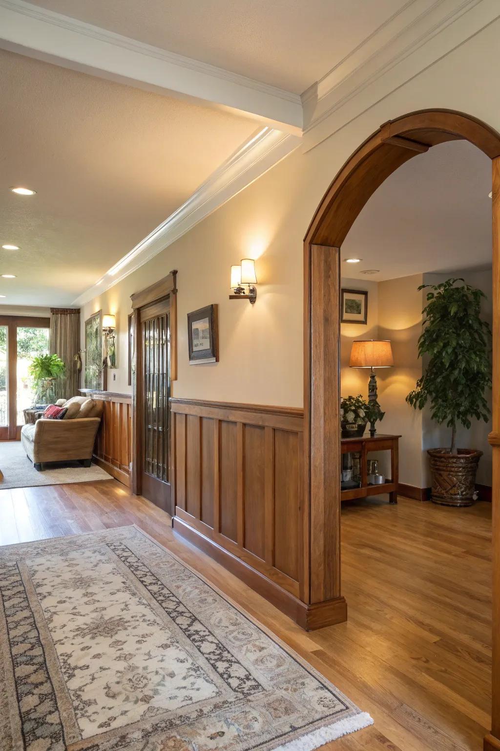 An entryway highlighted by a half wall, providing a warm transition into the living zone.