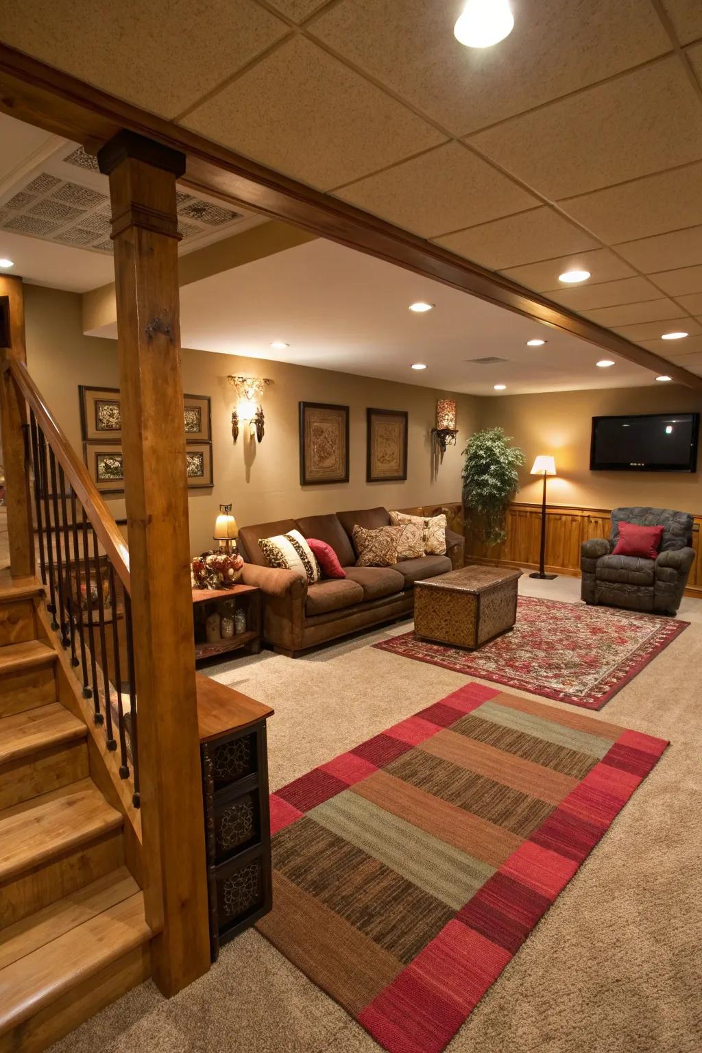 Rugs can effectively define distinct zones in your basement.