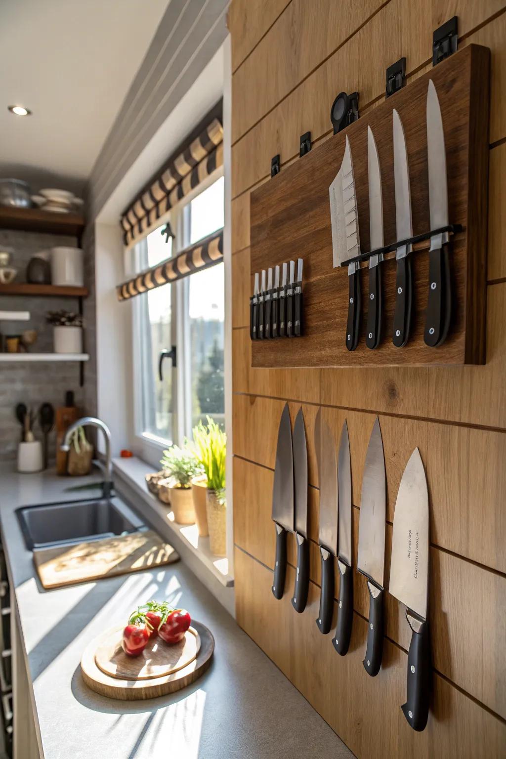 A magnetic knife strip offers both style and function in the kitchen.