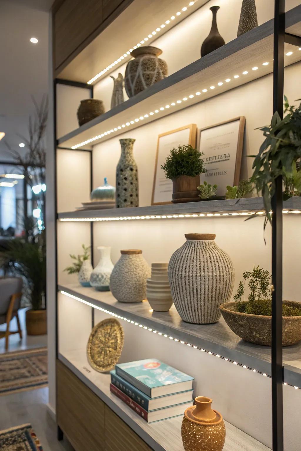 Turn your shelves into a striking feature through LED lighting.