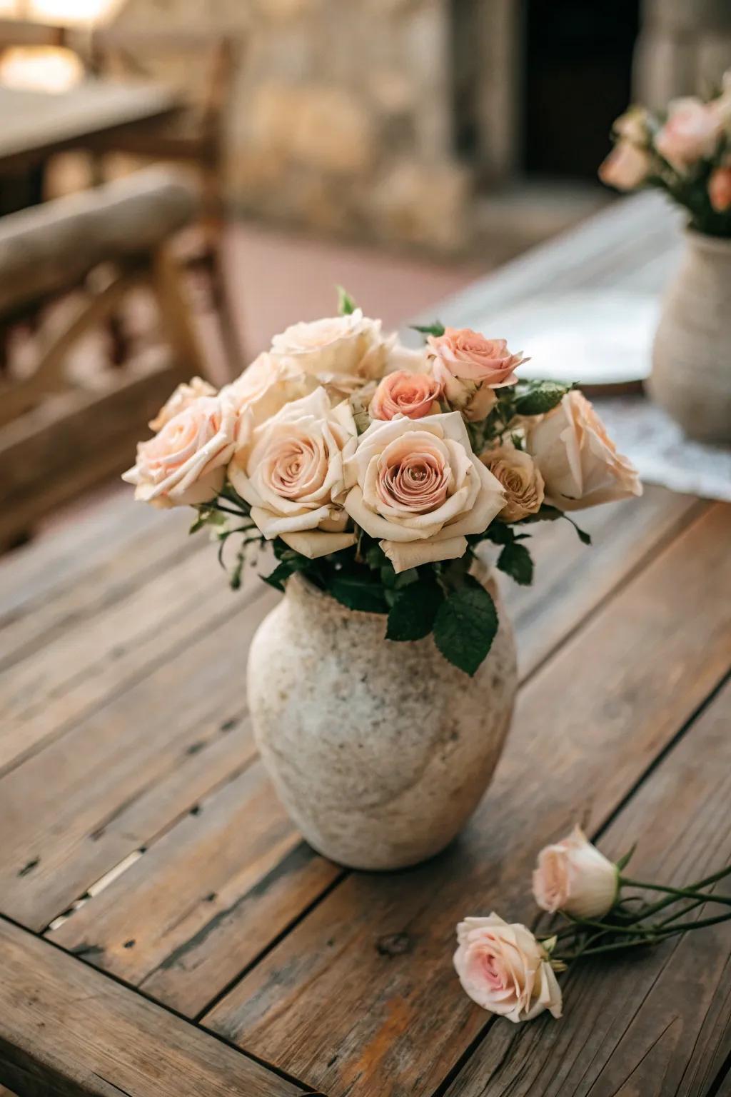 Earthy elegance arises from a natural stone vase adorned with roses.