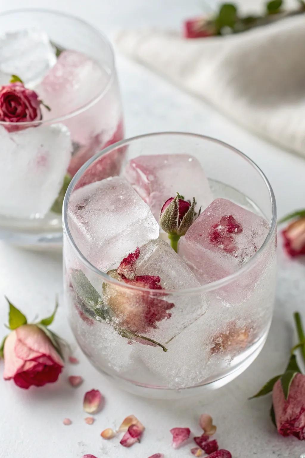 Crystal ice cubes adorned with blossom confetti, enhancing the elegance of any drink