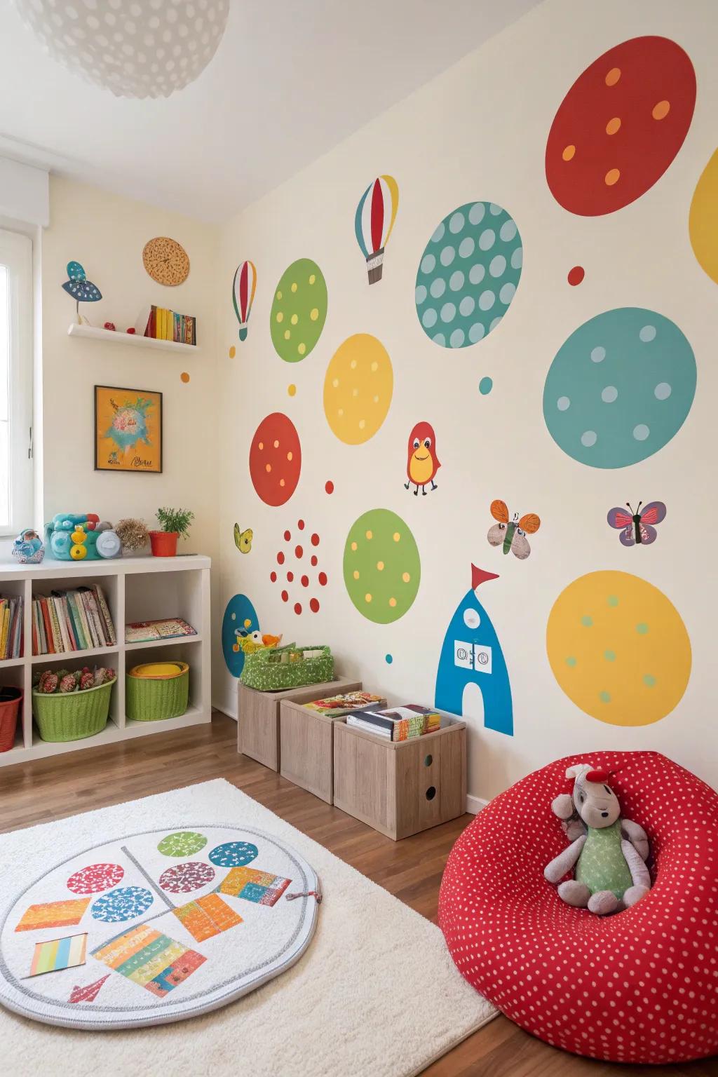 A children's room highlighted by playful round wall stickers for a fun visual.