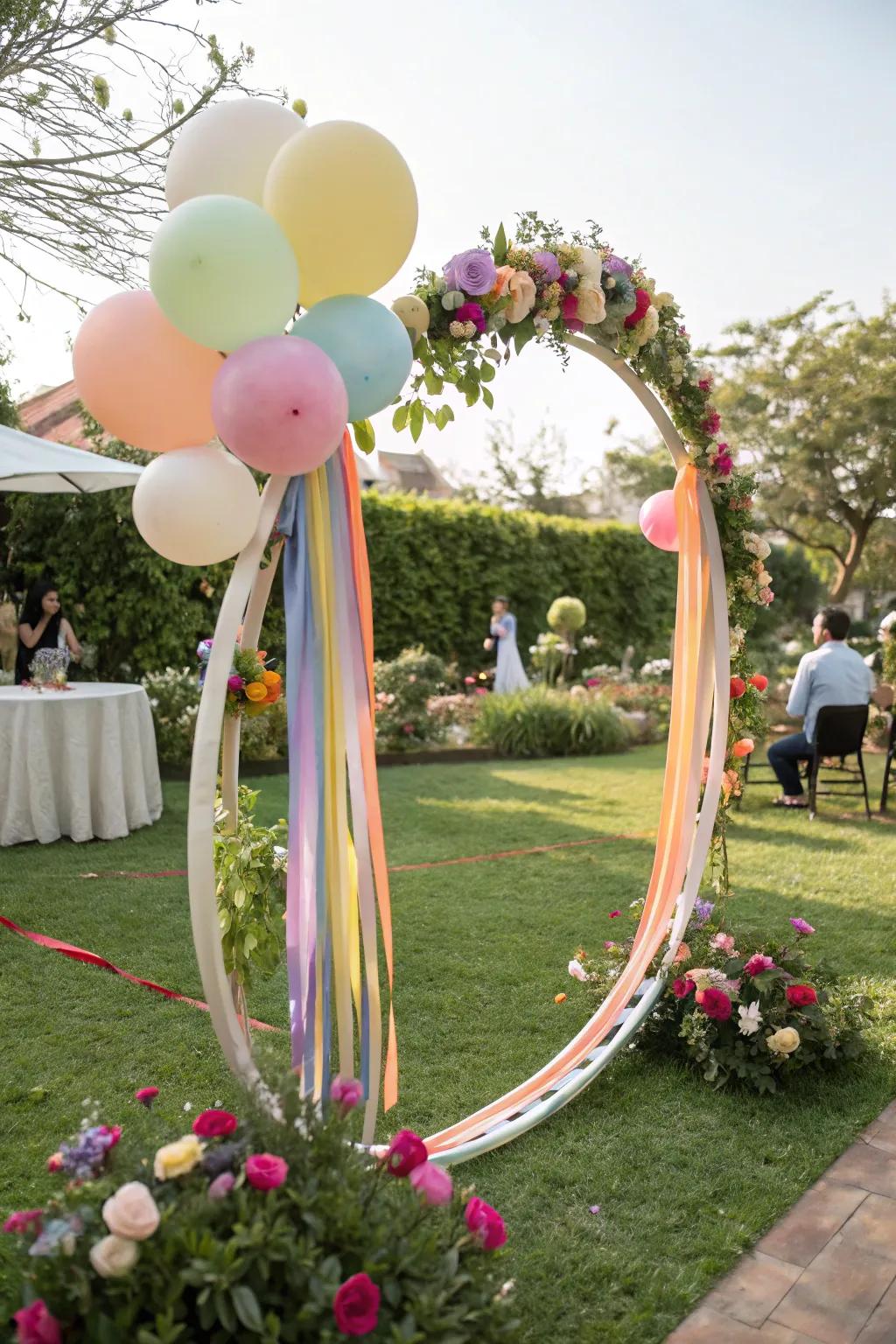 A quirky circular wedding arch with playful decorations.