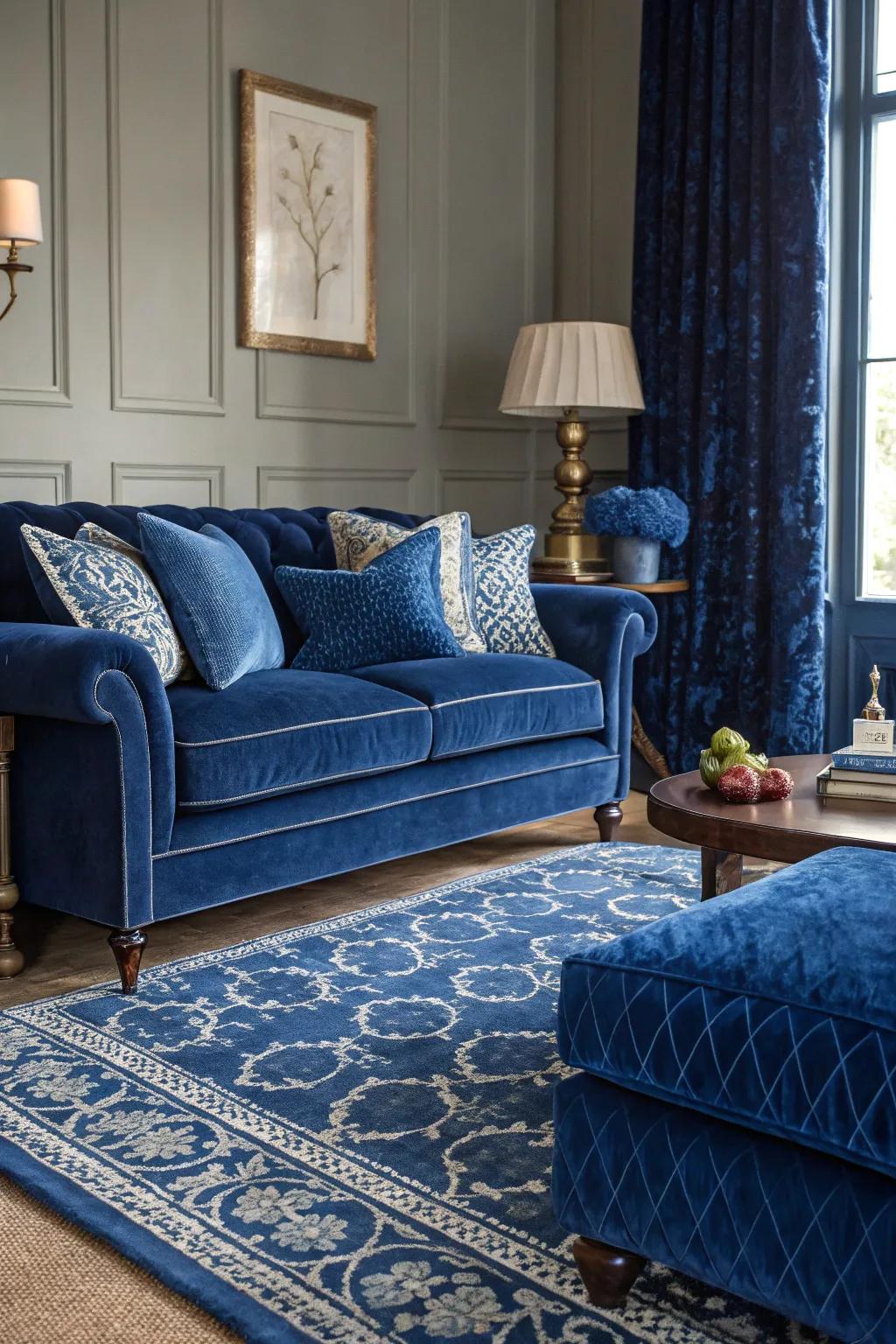 Warm textures like velvet and wool enhance the cozy feel of a royal blue room.