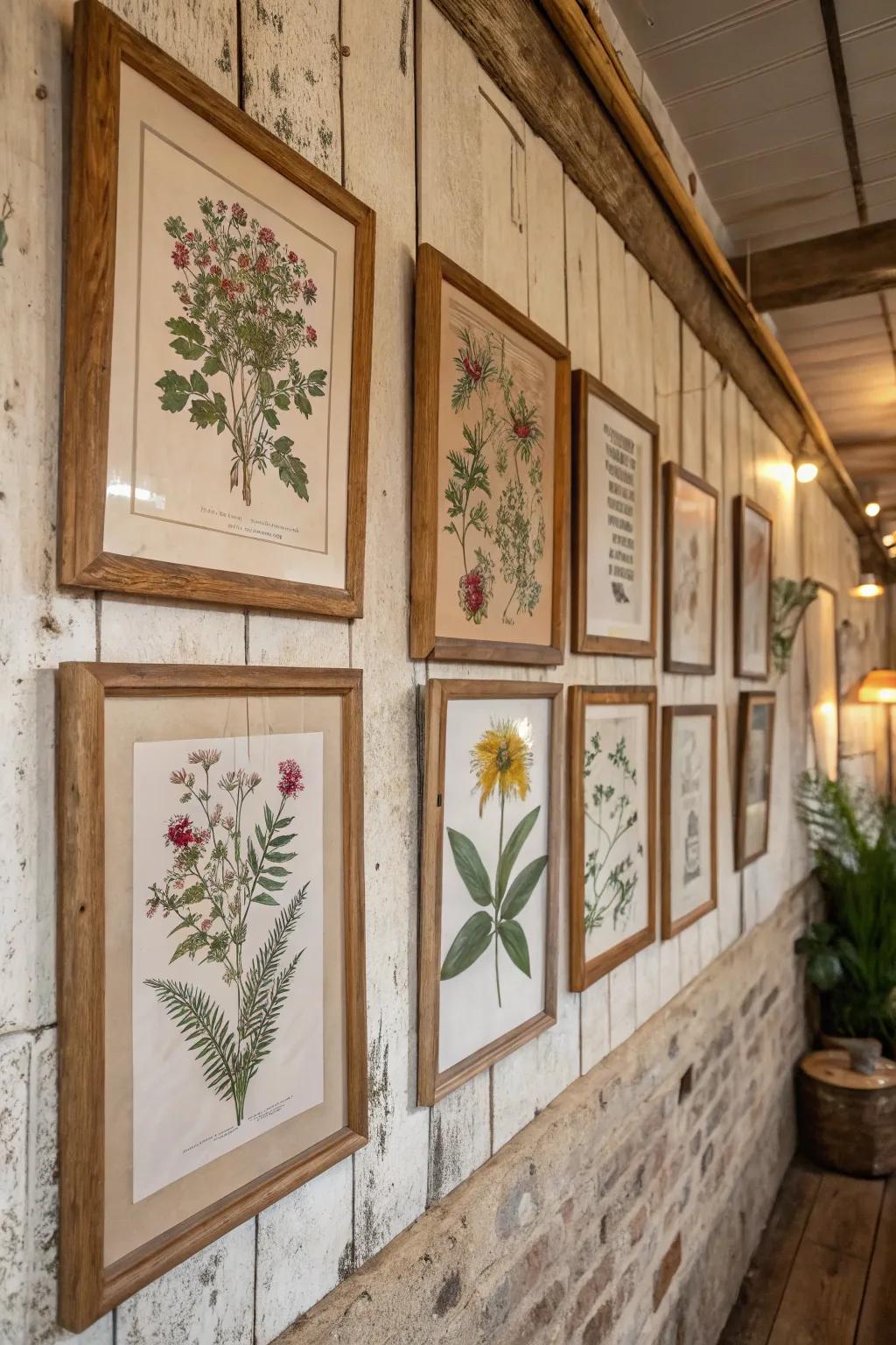Botanical prints enrich homespun decor with elegance.
