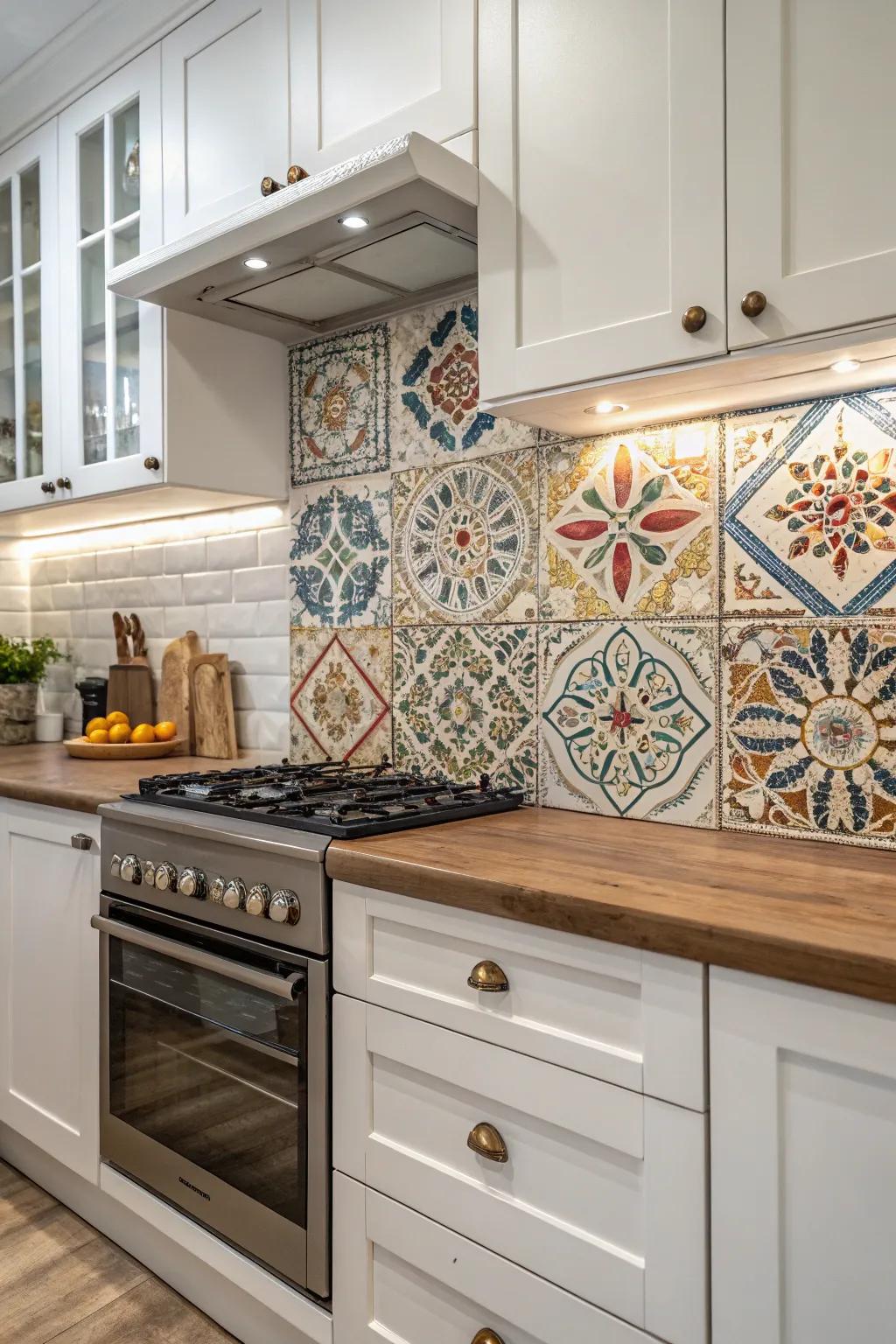 Decorative inserts add focal points and break up the backsplash design.