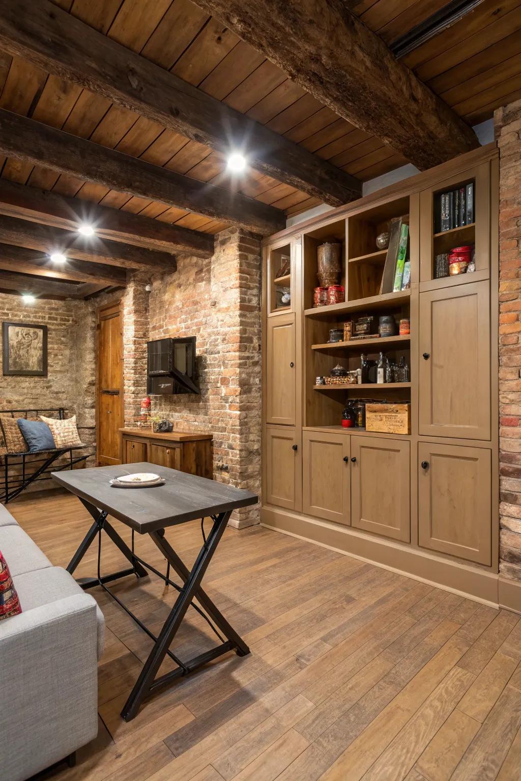 Smart storage solutions are essential to keep a basement uncluttered.