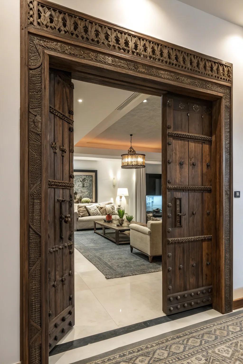 An audacious countryside entryway casing serving as the core point of a panache area.