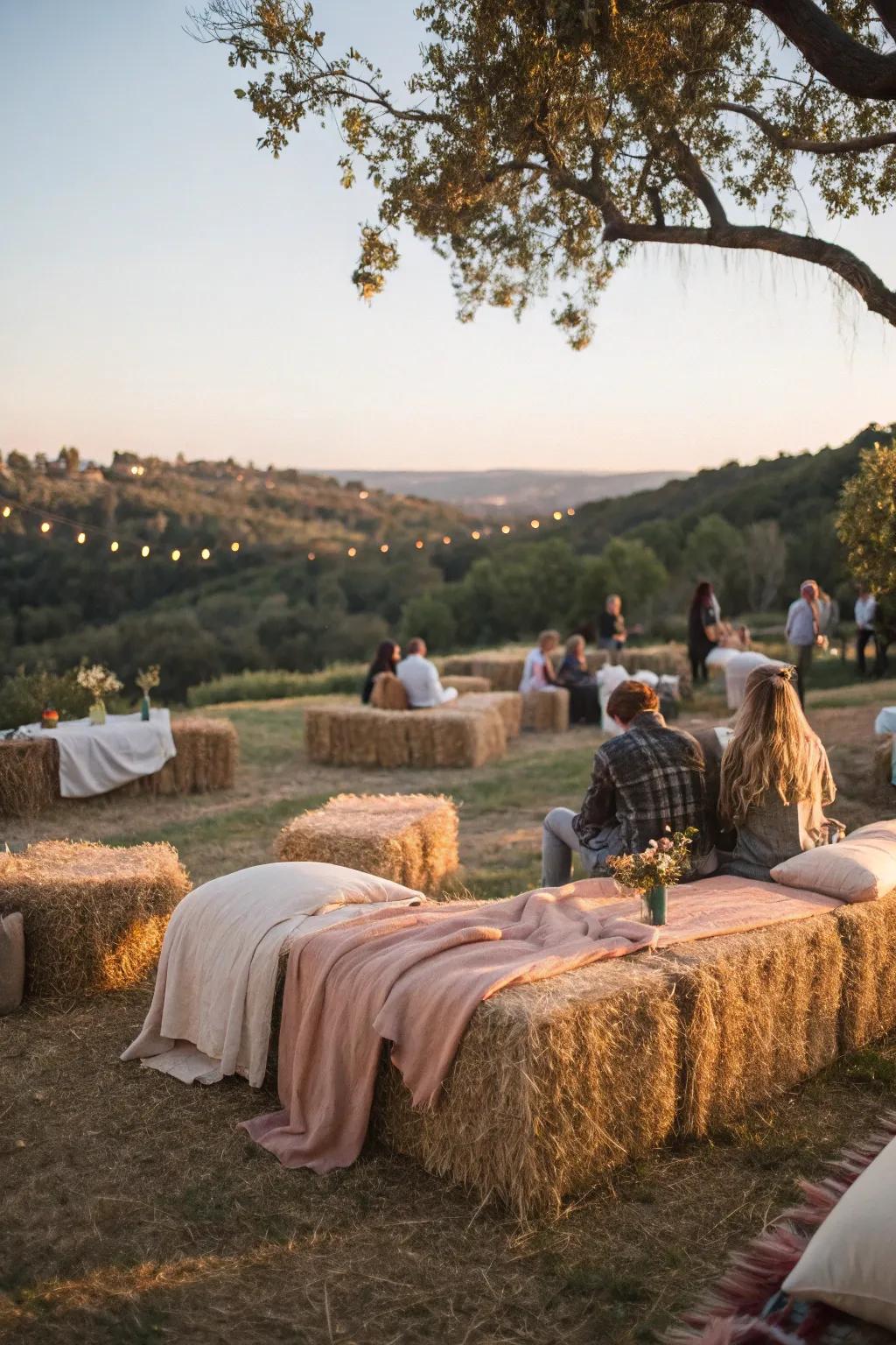 Hay bundle seating for a natural outdoor vibe.