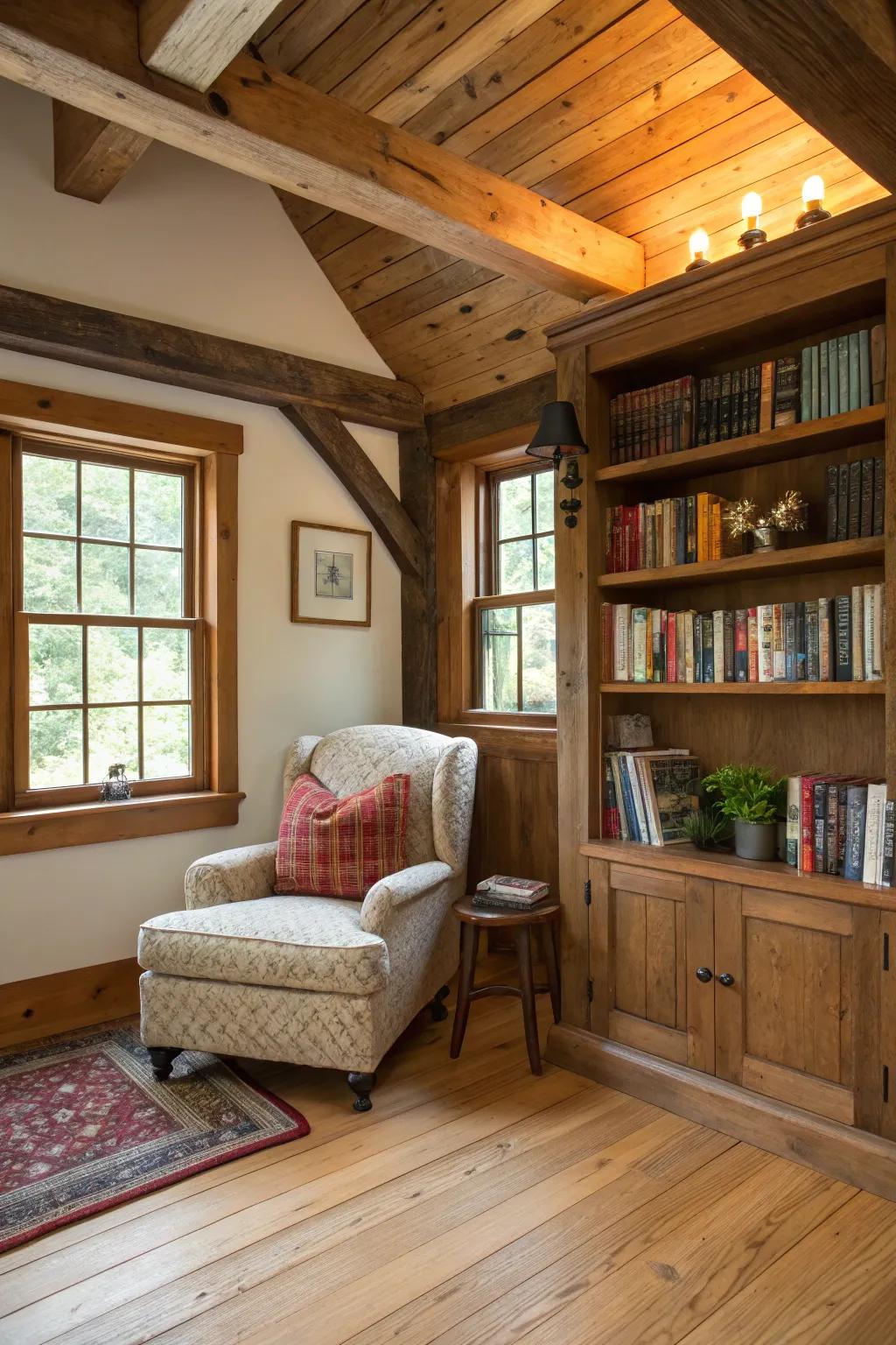 A cozy nook provides a personal retreat within the family room.