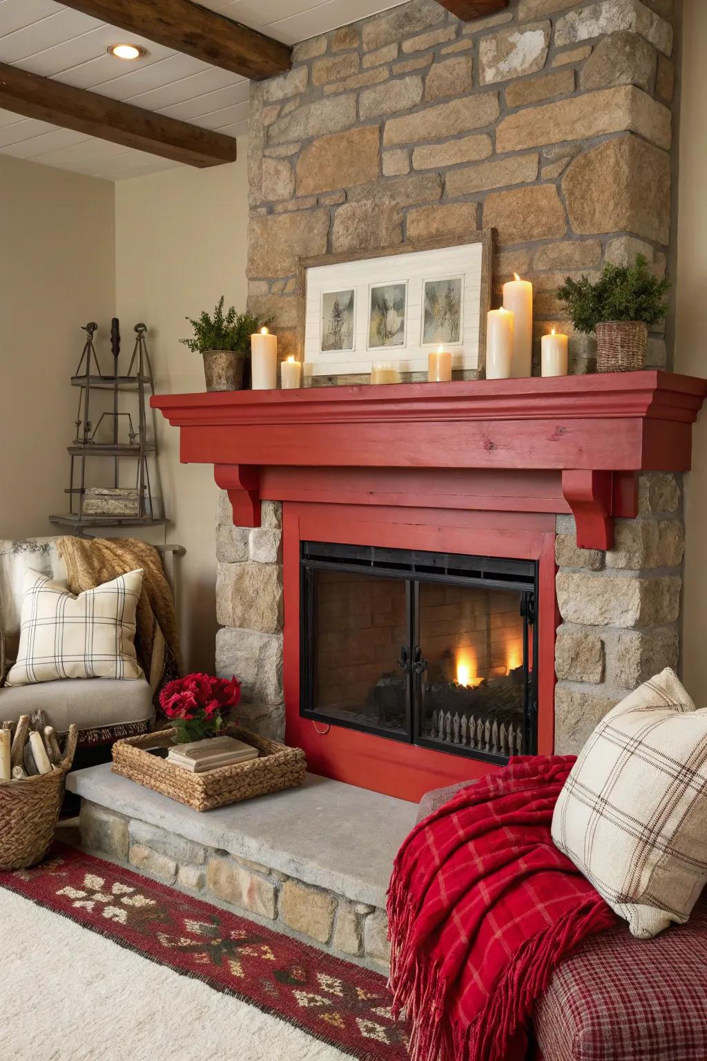 A vibrant mantel makes a statement in this rustic setting.