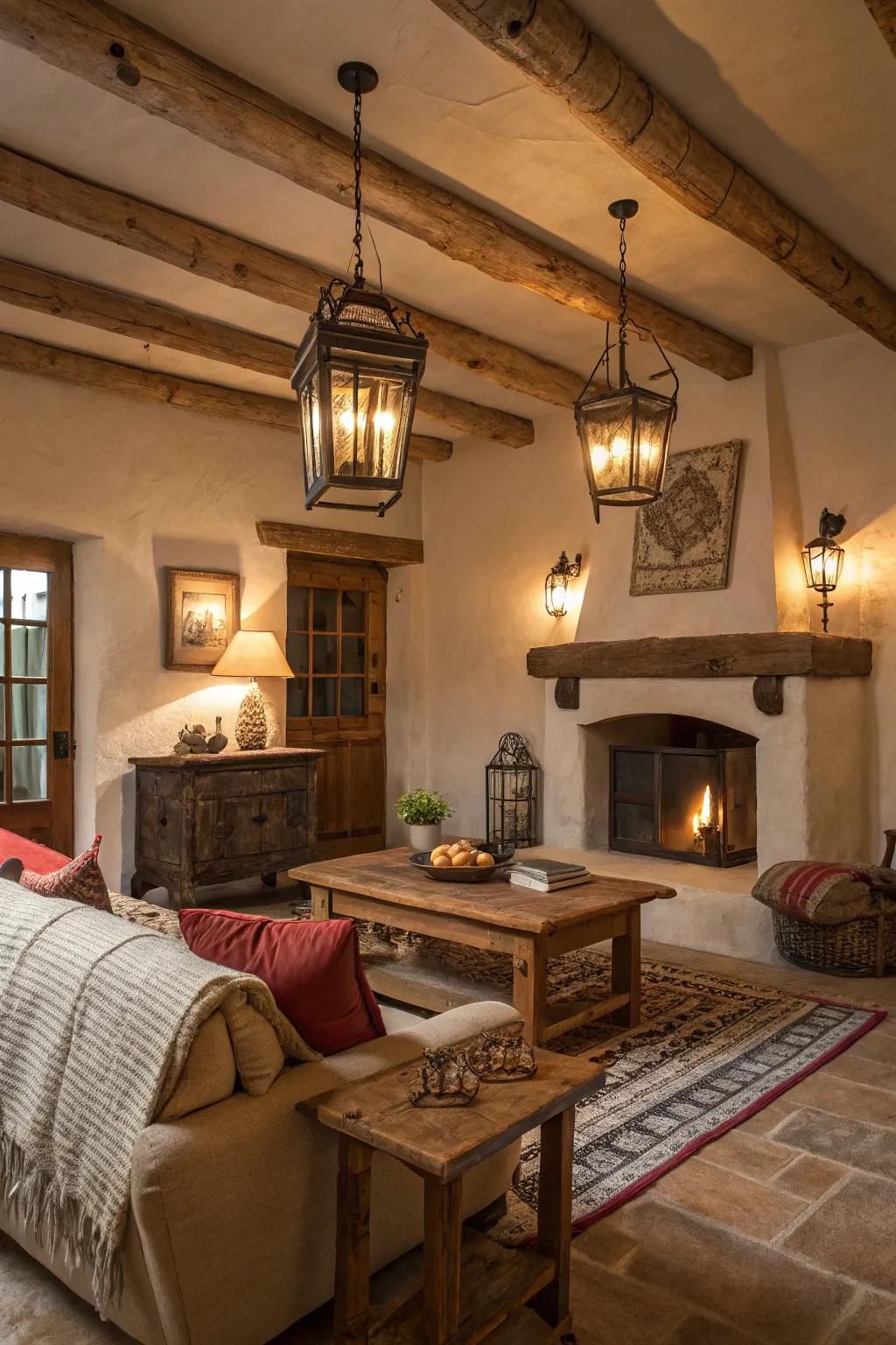 Lantern lighting fixtures bring a quaint, warm glow to rustic interiors.