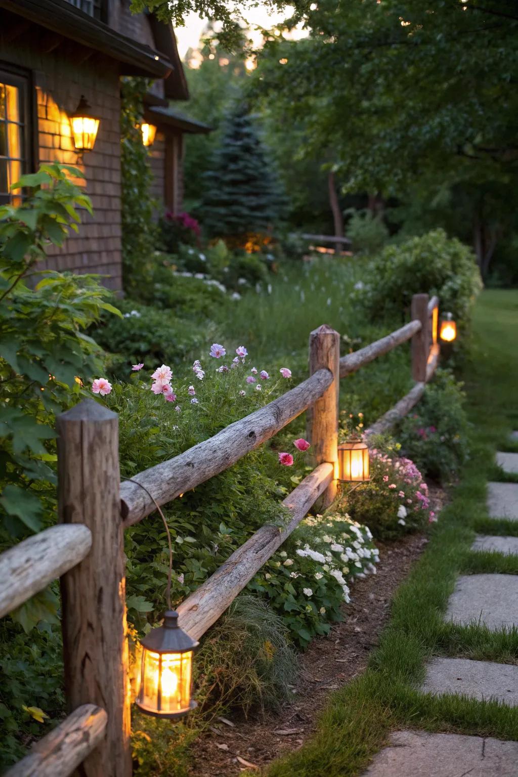 Gentle lighting integrated within a timber boundary casts a warm luminescence across a nighttime garden.
