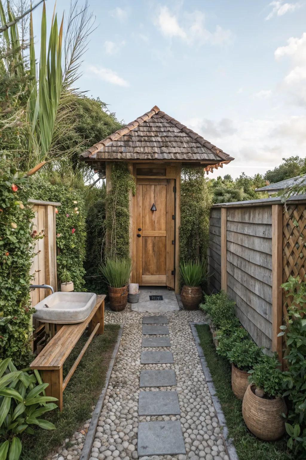 Natural privacy screens enhance the rustic charm.