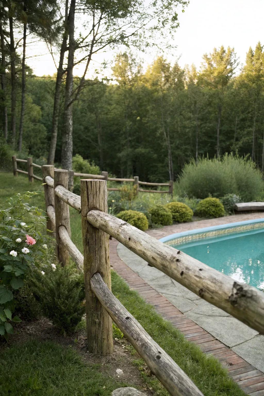 Log fencing providing a rustic, woodsy retreat ambiance.