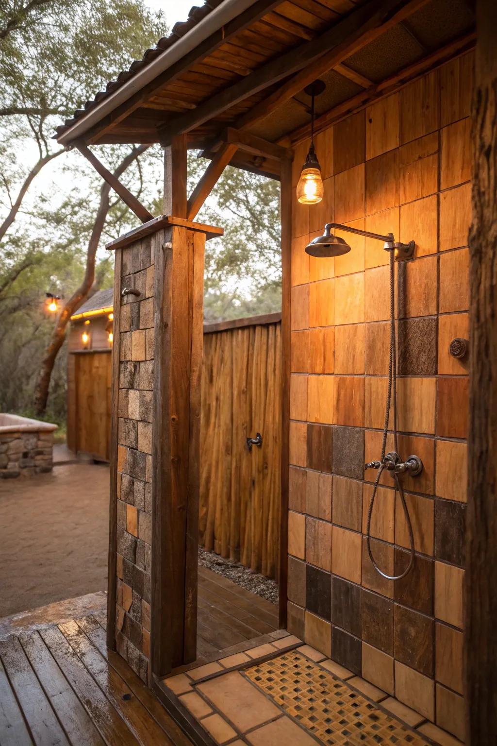 A country-style shower featuring warm lighting that beautifully highlights the textures and colors.