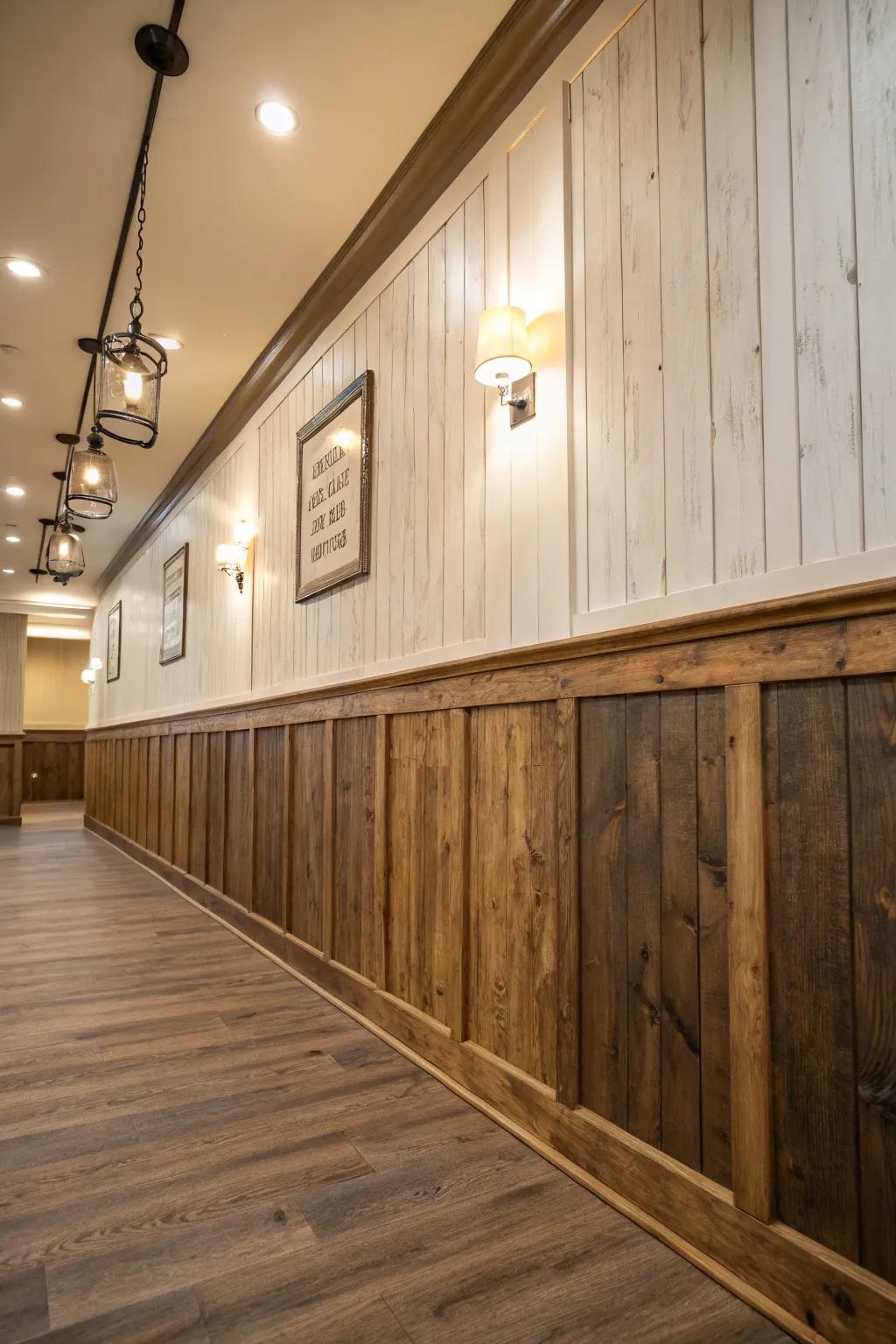 Visual interest is added by two-tone wainscoting.