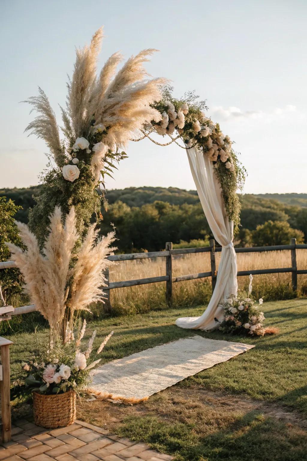 Pampas introducing texture and sophistication to a countryside bohemian arch.