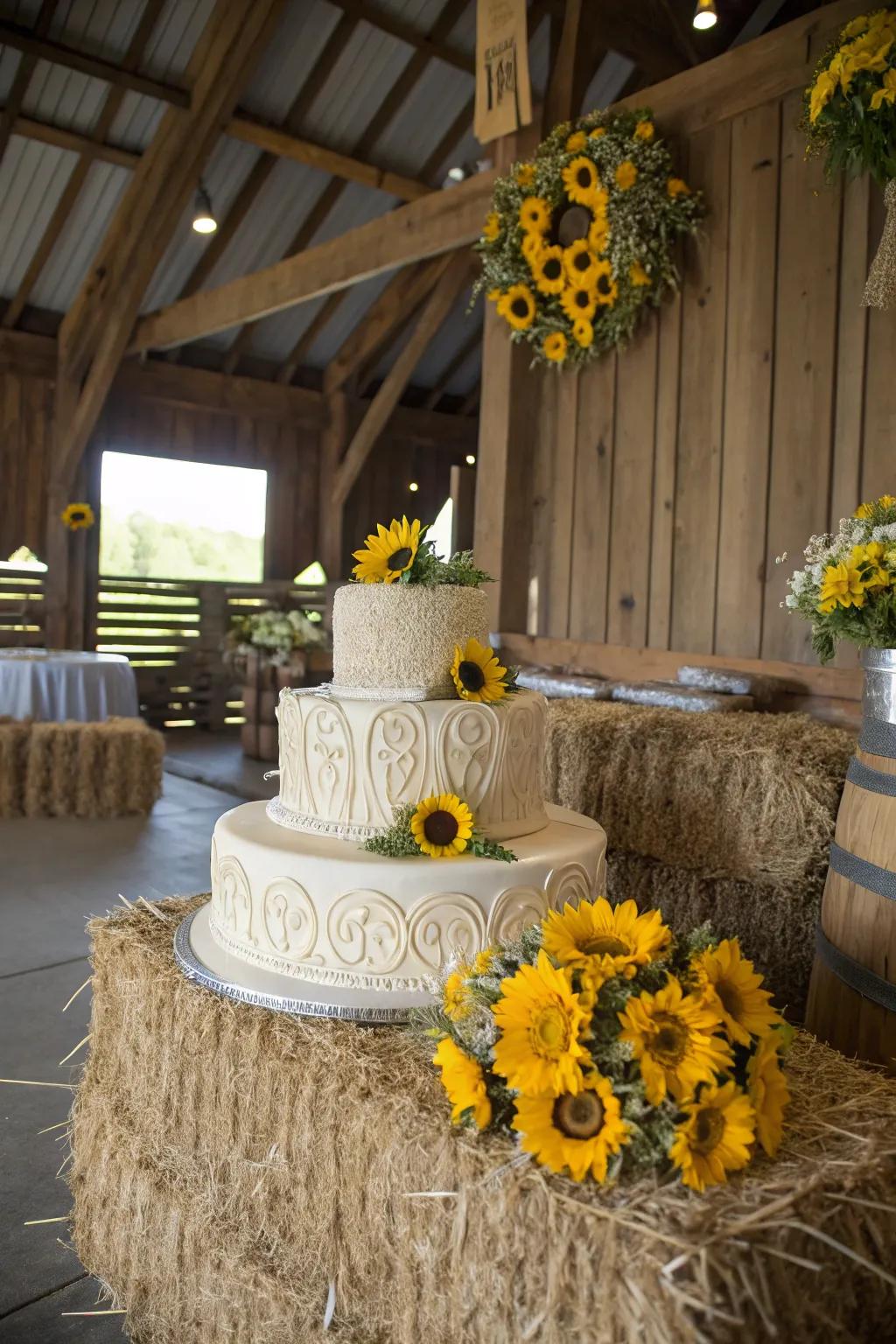 Hay bale base adds a quirky touch to a rustic cake stand.