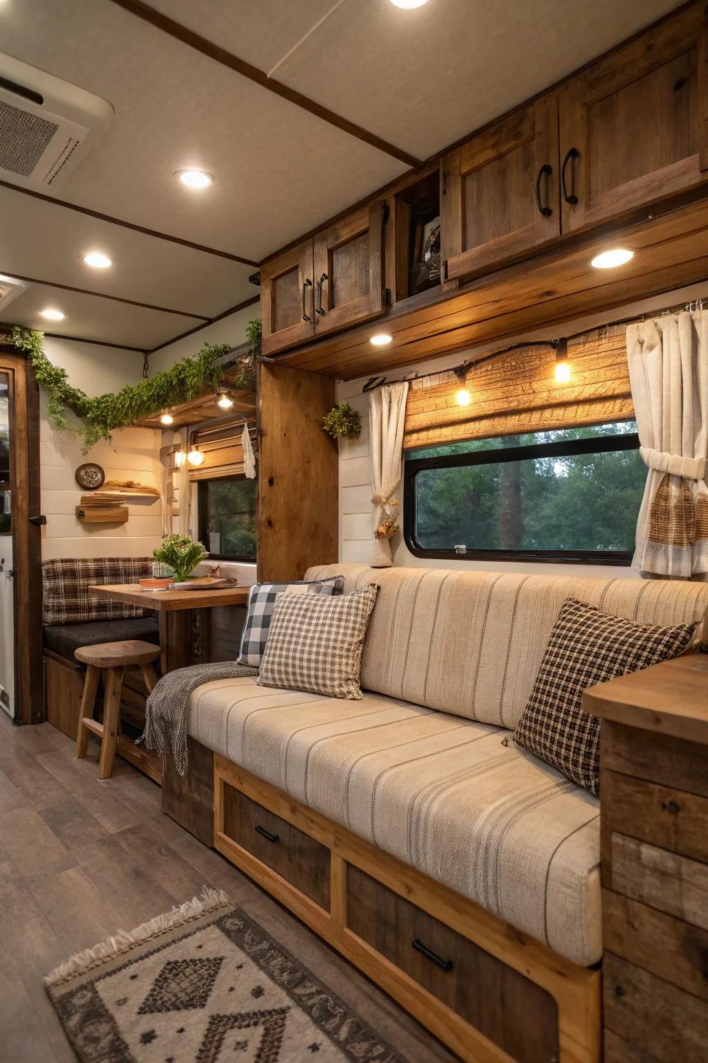 Country themes add warmth and character to RV interiors.
