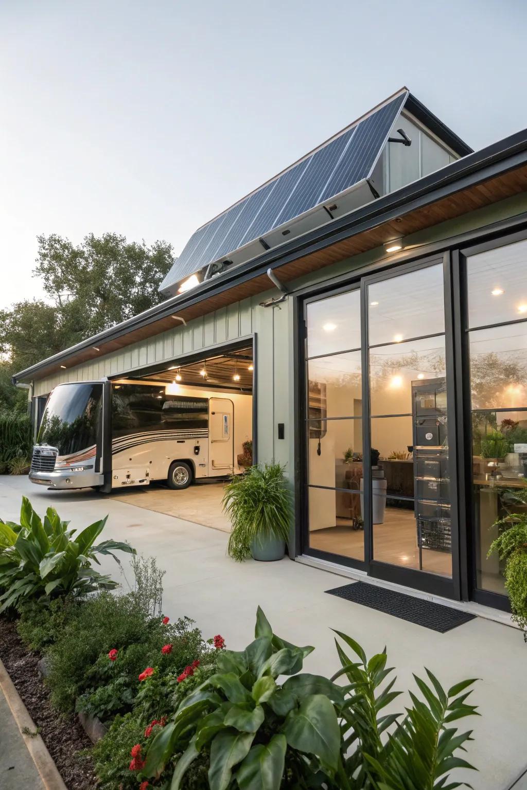 Eco-friendly features like solar panels integrated into an RV garage design.