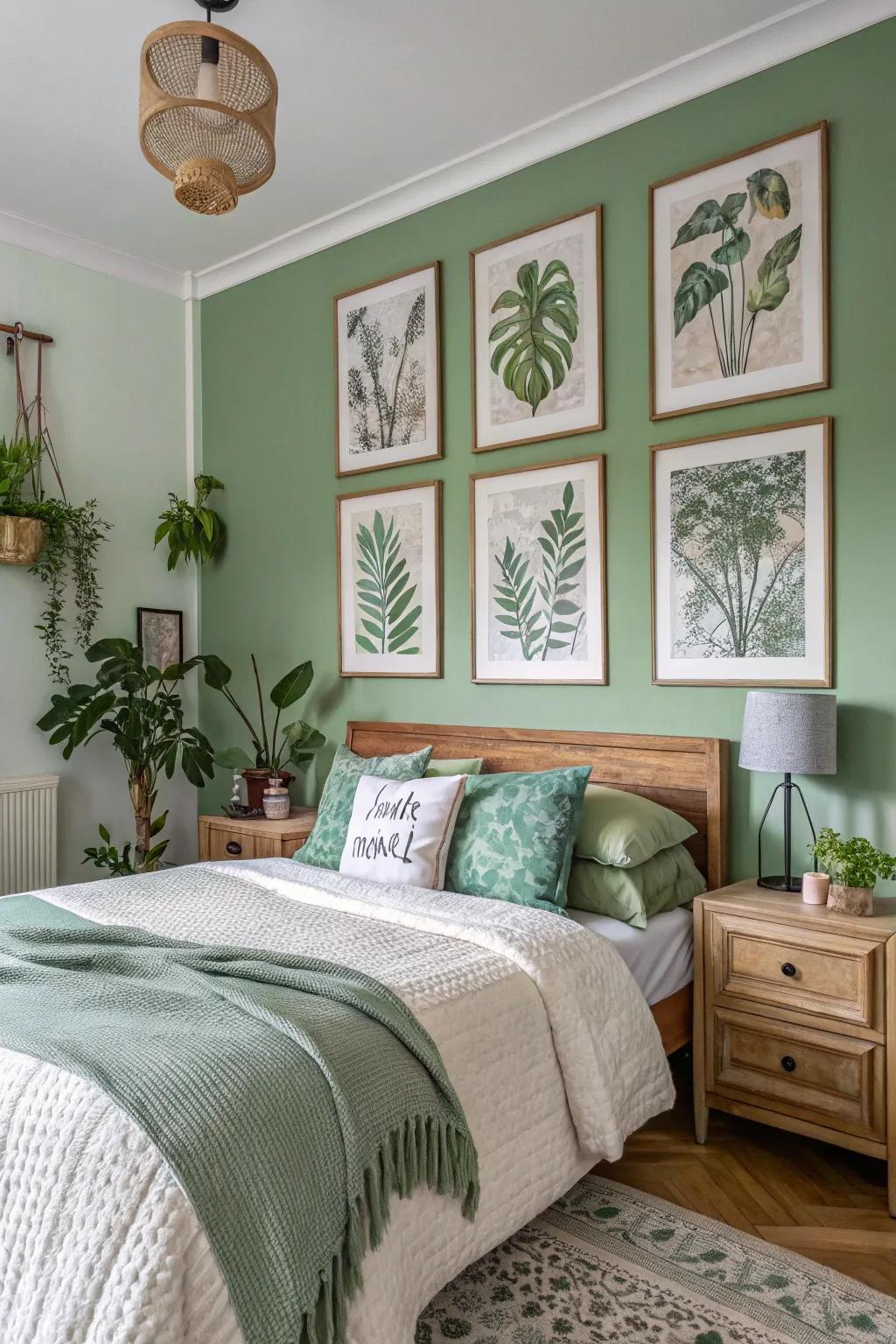 Soft green and plant artwork infuse the sleeping quarters with a fresh, organic charm.