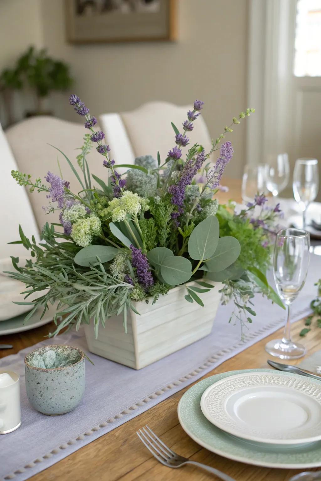 Sage green and lavender make a soothing and fragrant centerpiece.