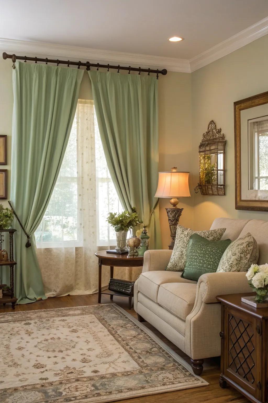 Sage green features unite and improve the room's calming palette.