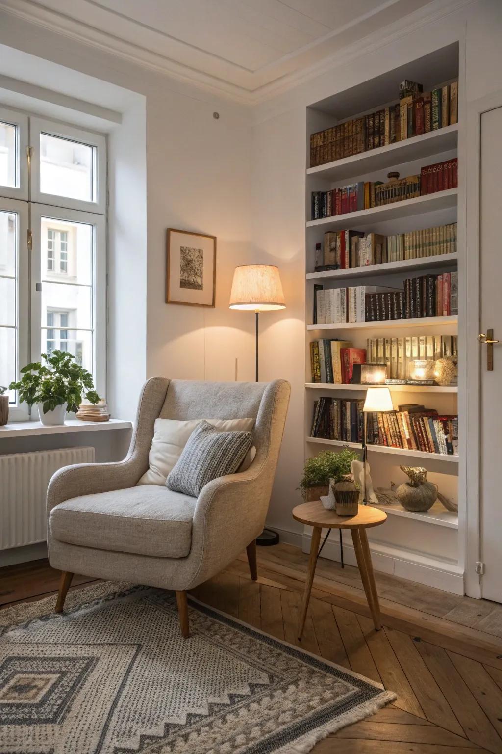 A reading nook adds a personal touch to a Scandinavian living room.