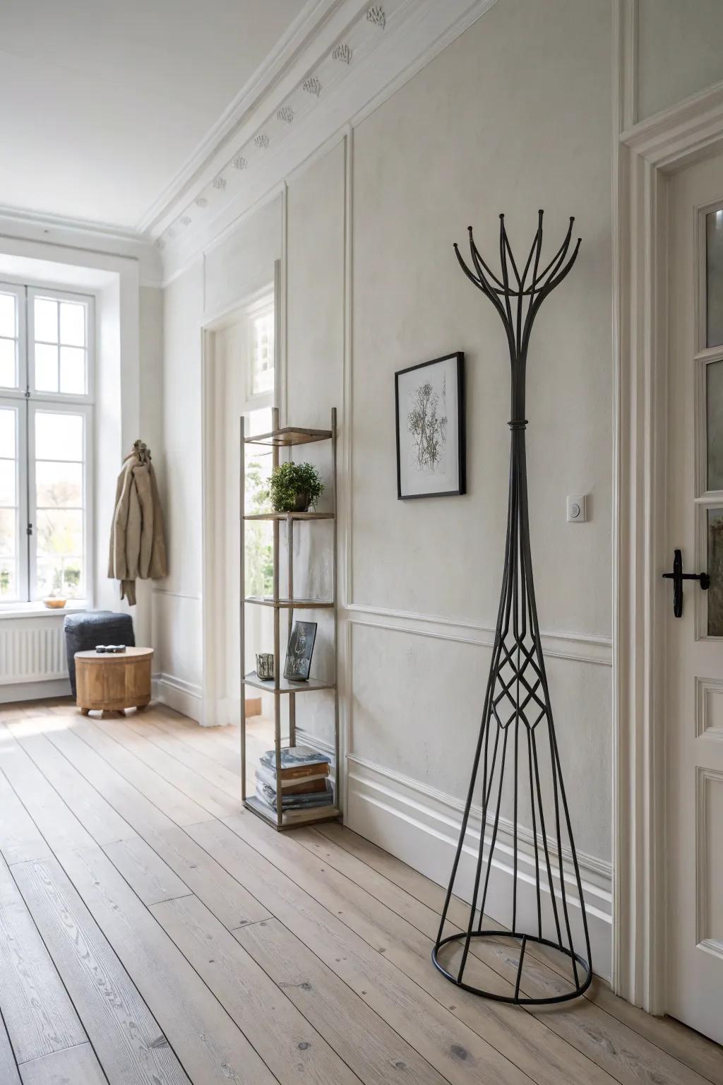 A wall with a metal art shape in a Scandinavian style room