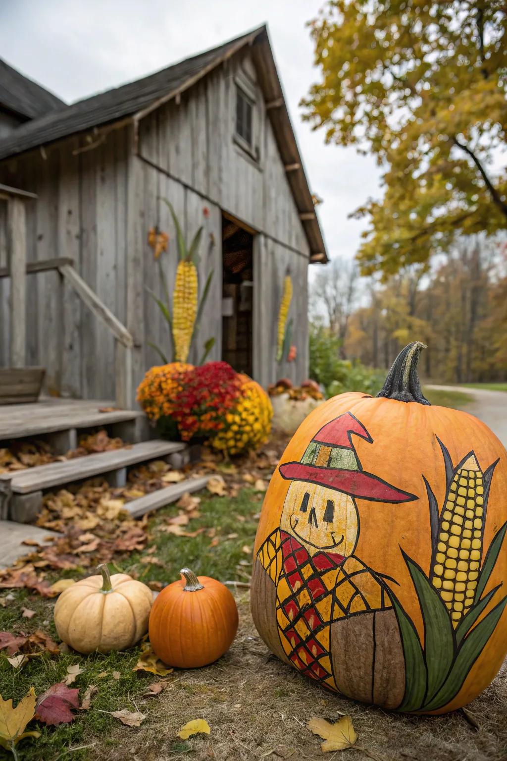 A corn pattern commemorates the gather on this scarecrow pumpkin.