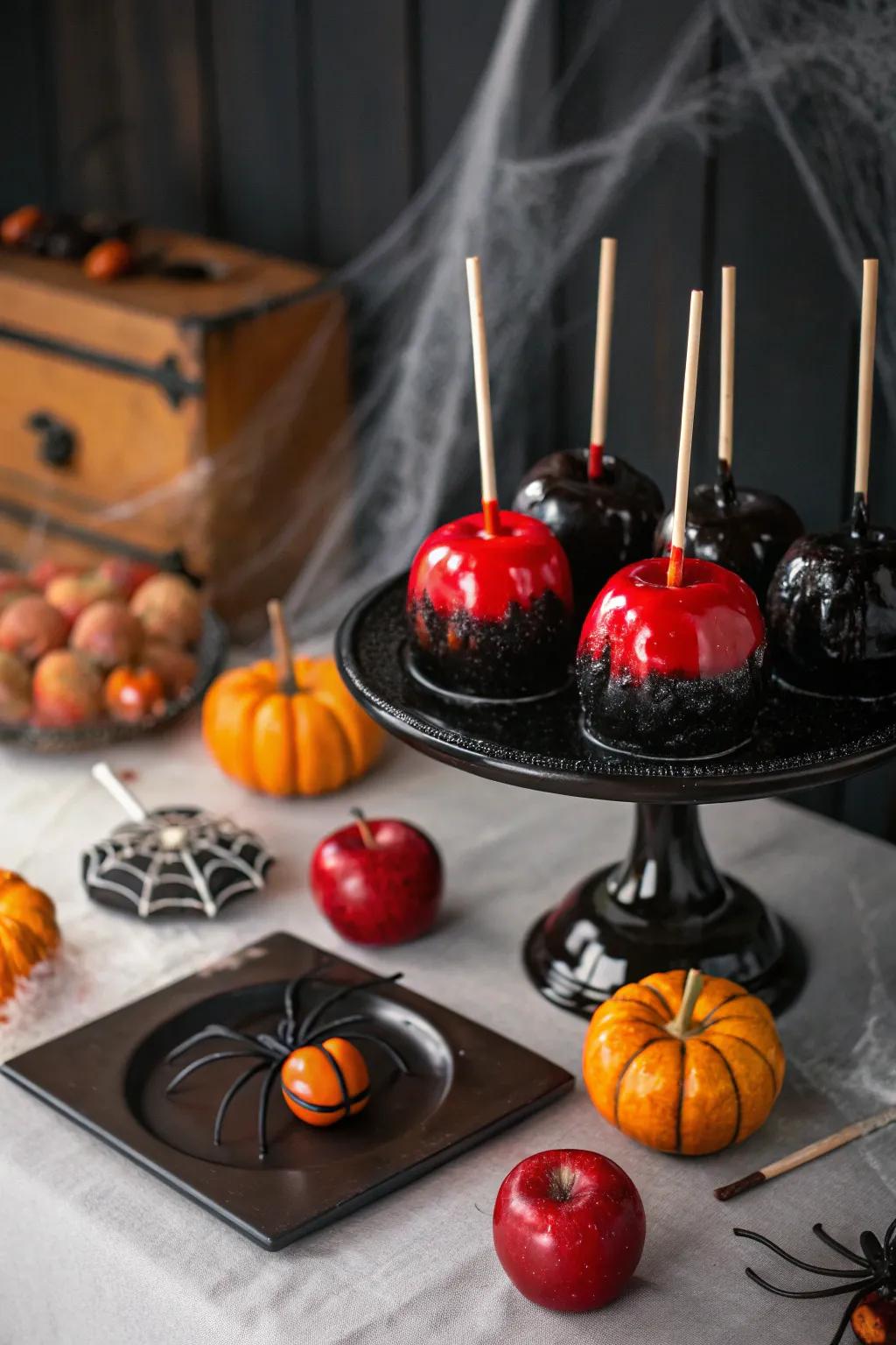 Candied apples with a twist, a classic with dramatic flair.