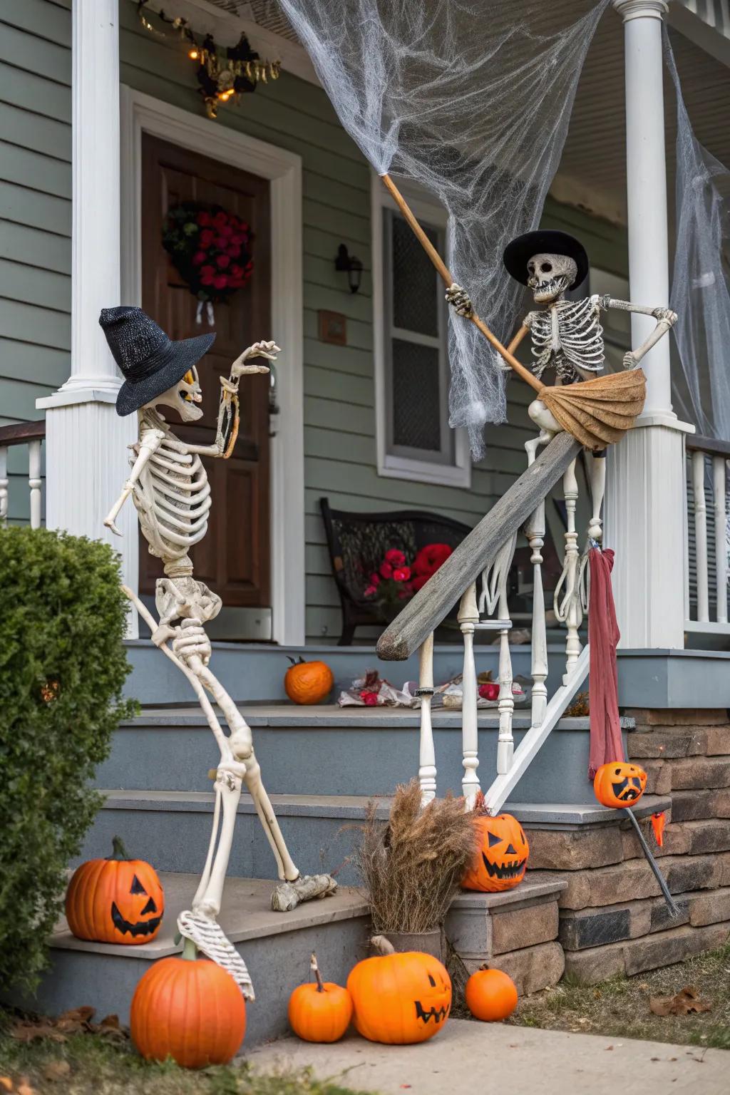 Fun skeletons bring humour to the spooky deck scene.