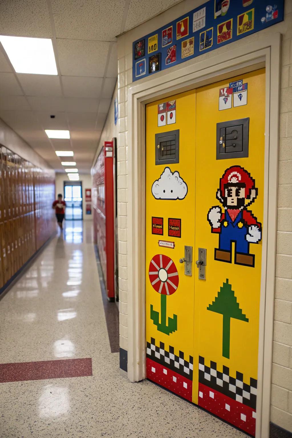 A nostalgic retro arcade-themed school door.