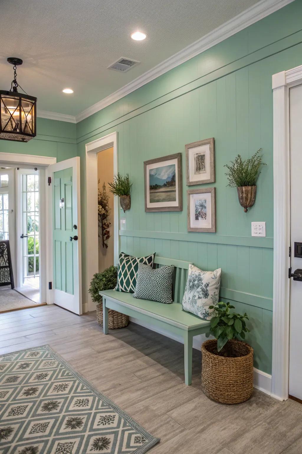 An inviting entryway featuring calming seafoam green walls.