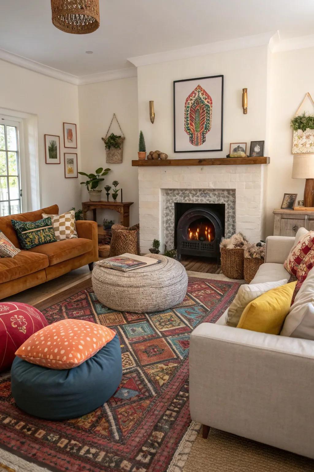 An varied combination of seating styles introduces visual interest to the fireplace space.
