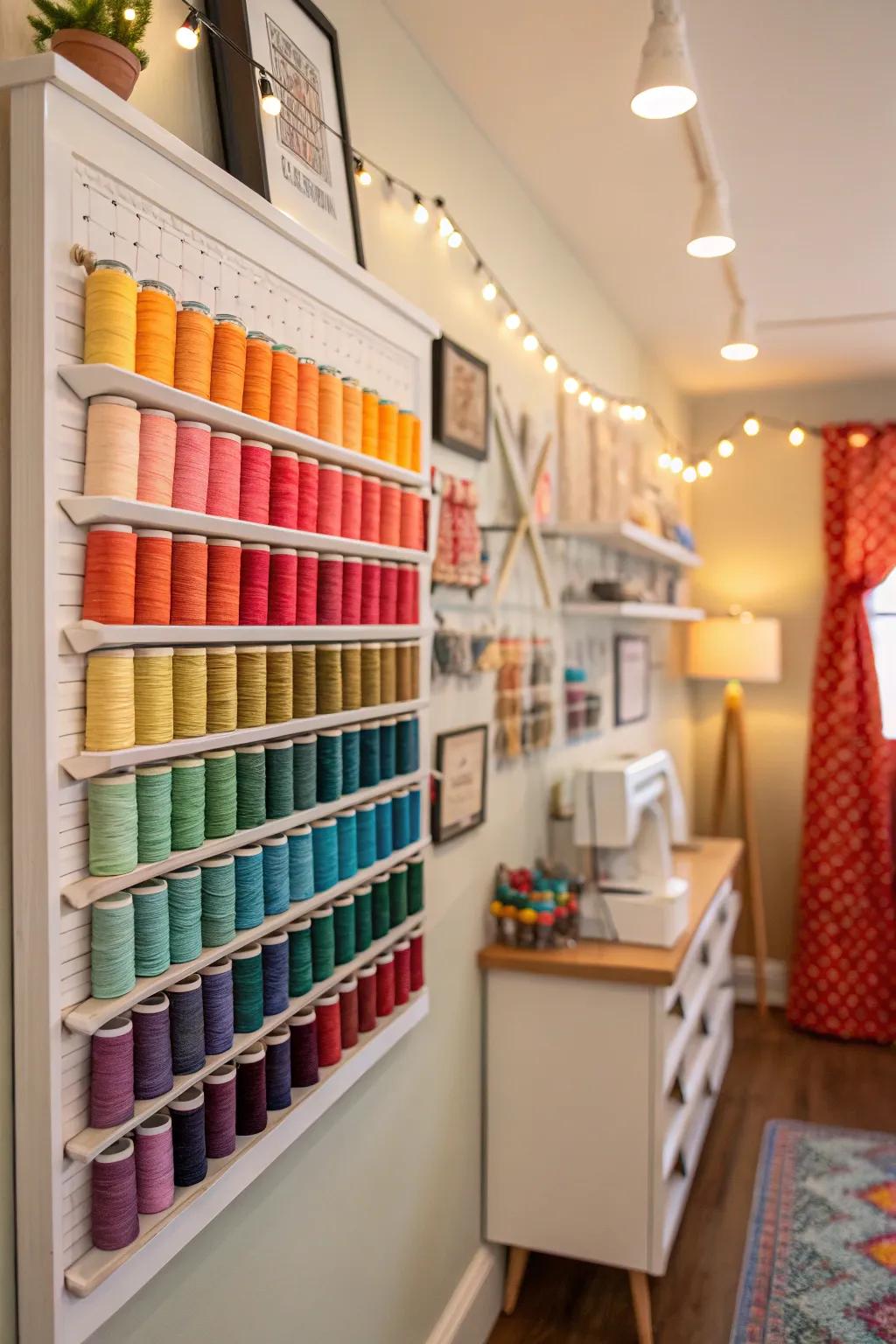 A thread display serves as both a decorative and a functional element.