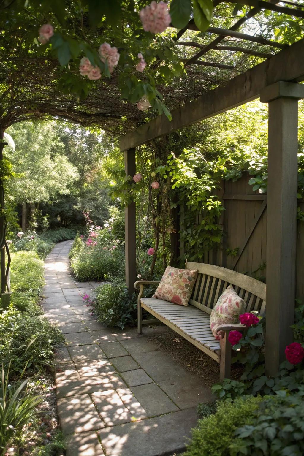 A snug seating expanse nestled within a shady garden.