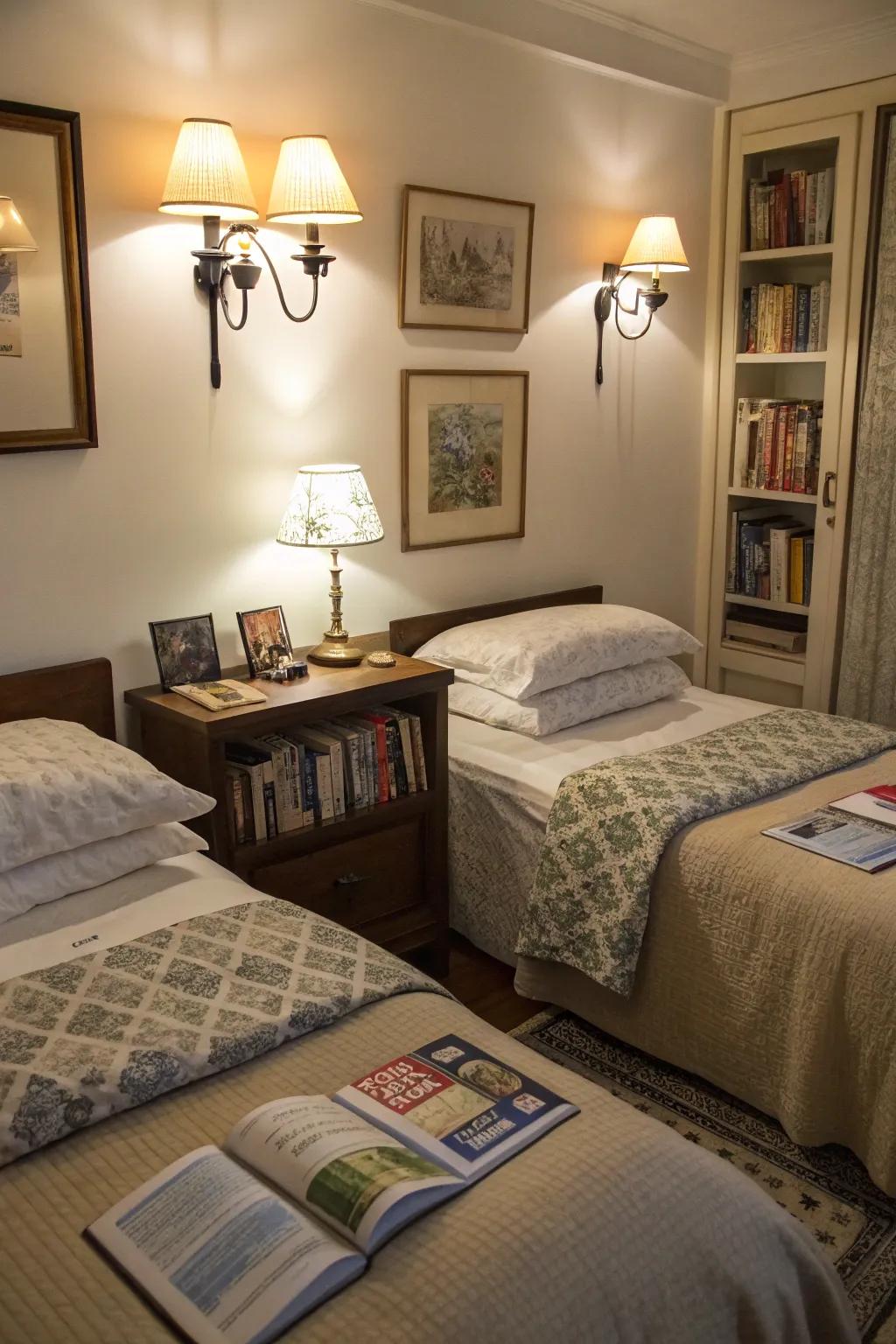 Mounted lamps provide personal lighting for bedtime stories.