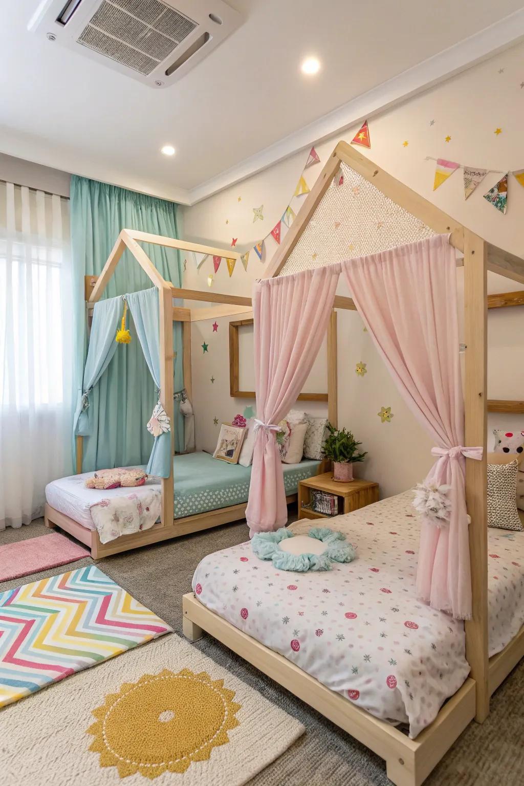 House beds provide a cozy and personal retreat.