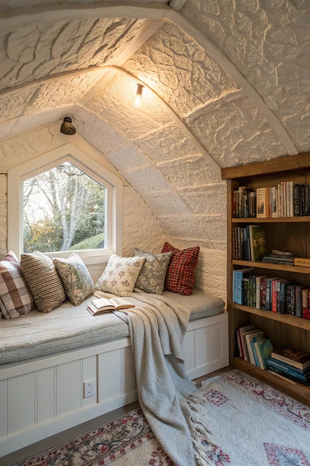 A textured plaster ceiling amplifies the coziness of a reading alcove.