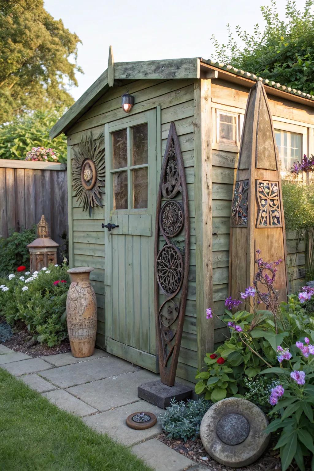 An outdoor shed emphasized using unique outdoor art.