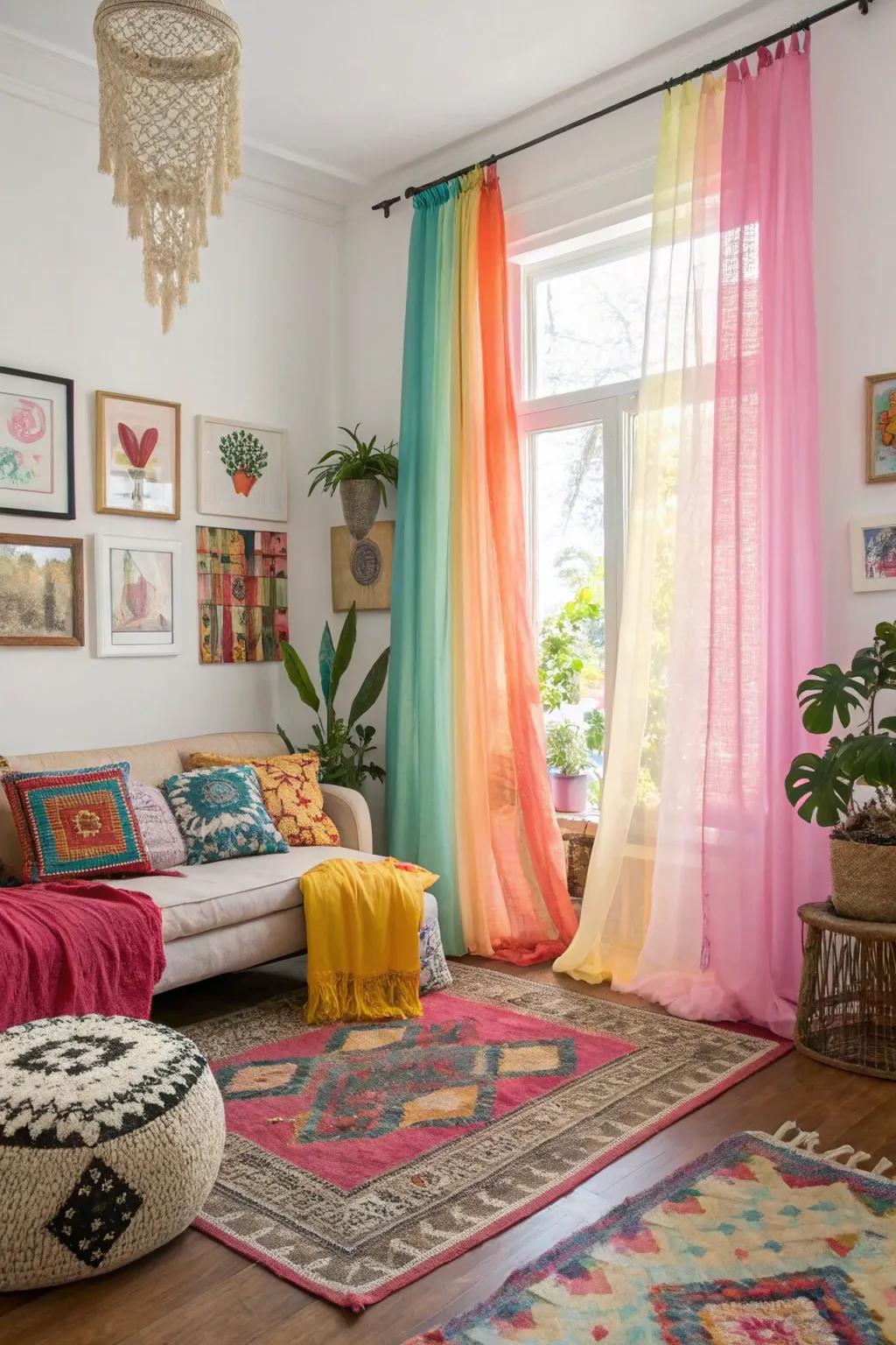 Colorful sheer curtains infuse energy and serve as a lively focal point in any room.