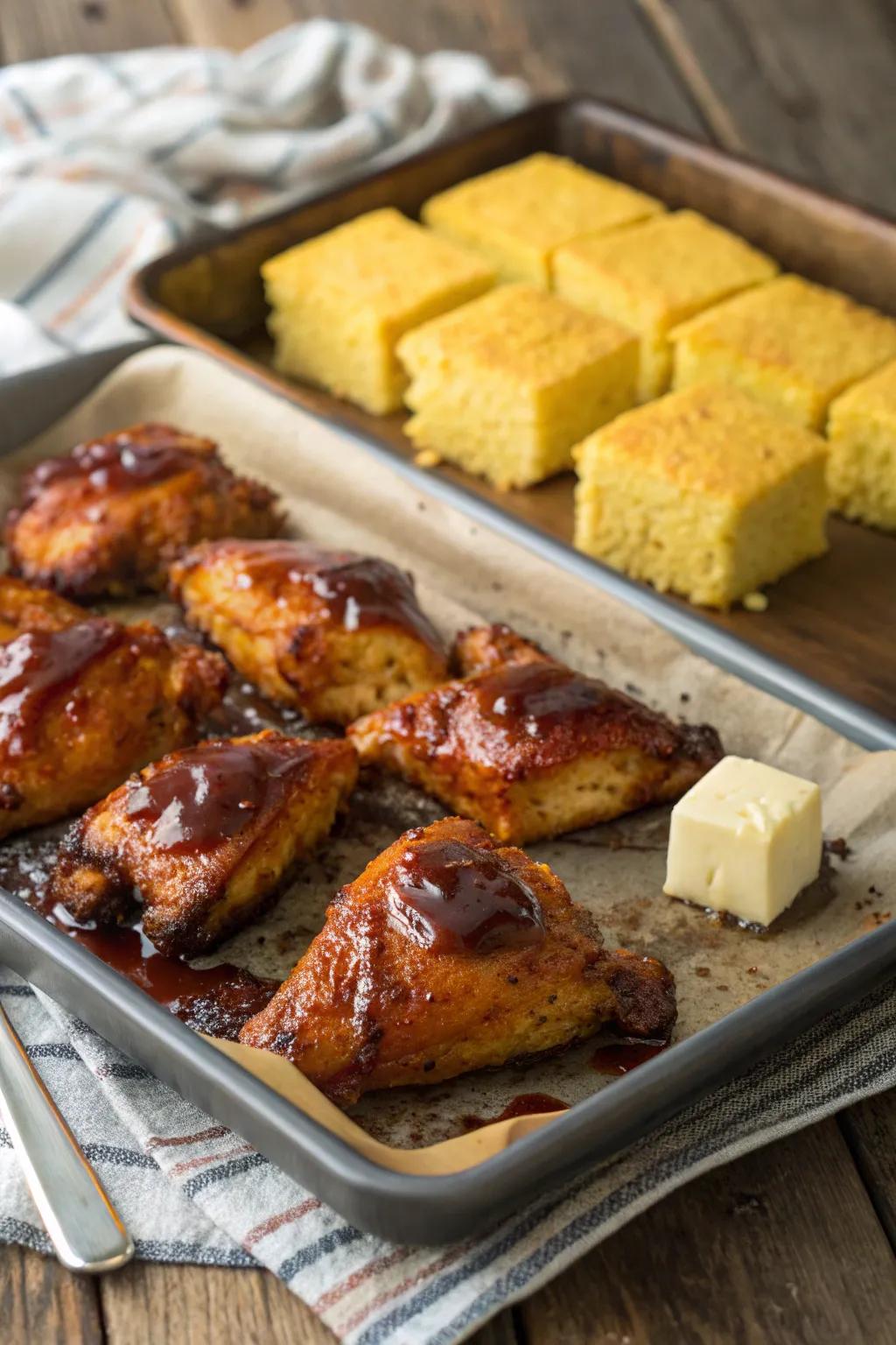 Barbecue chicken with sweetmeal, a Southern-inspired delight.