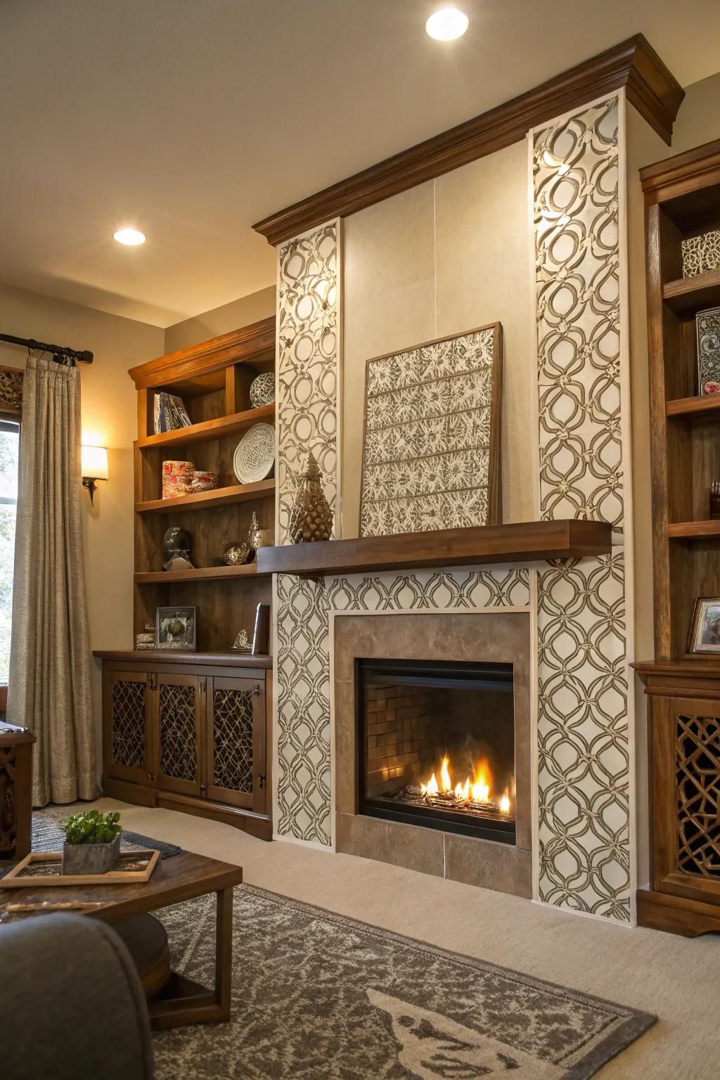 Modern twist with geometric patterns on the shelves.