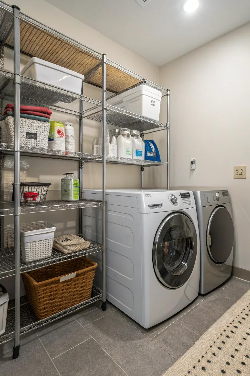 Metal shelves in a laundry room, offering a modern and durable storage solution.