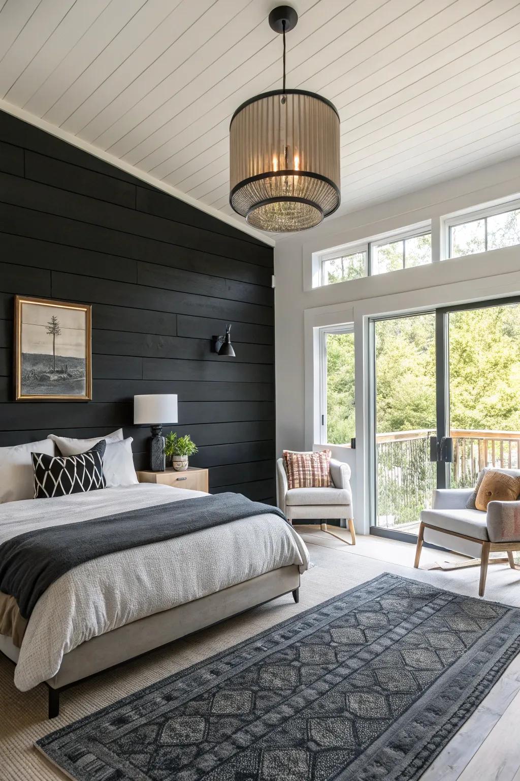 A black shiplap wall offers drama and sophistication.